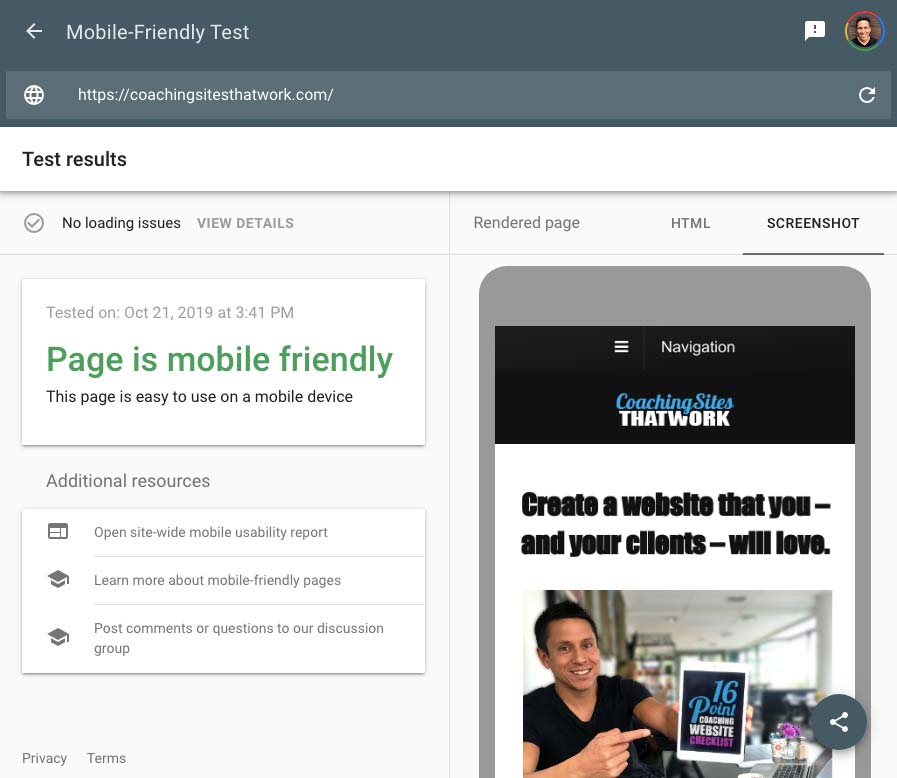 my site on Google's Mobile-Friendly Test