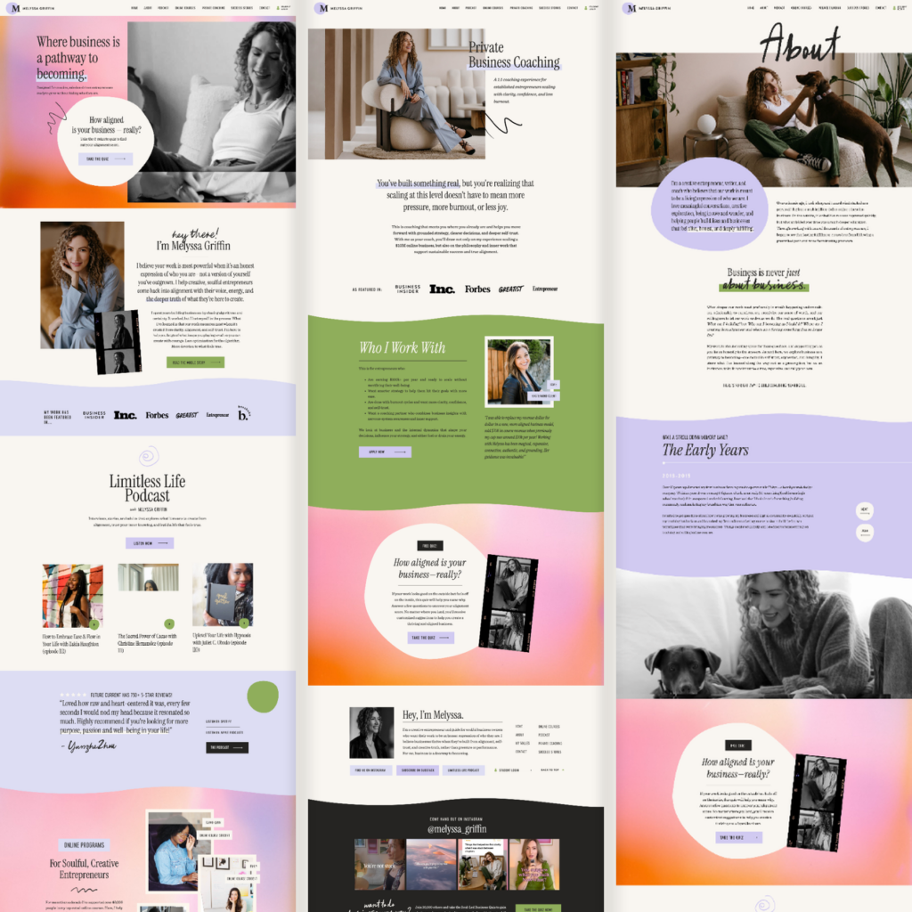 Melyssa's business coach website design has a creative, feminine, aligned vibe.