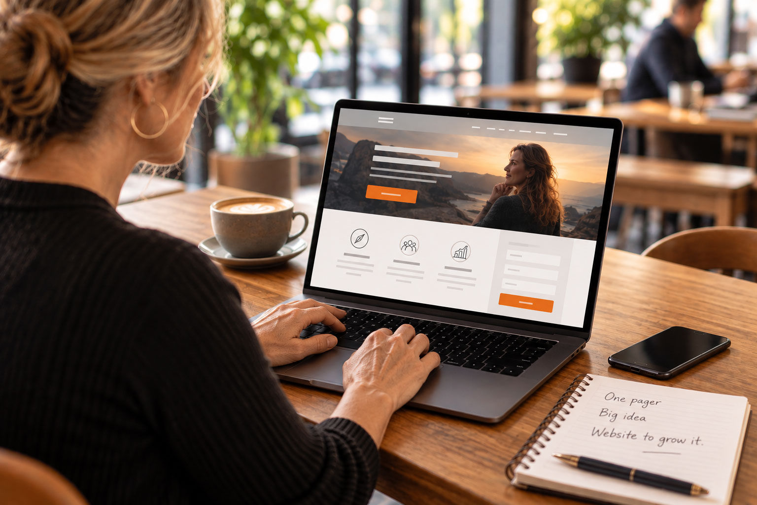 One page coaching website on a laptop, with a notebook beside it reading "One pager. Big idea. Website to grow it."