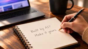 AI-designed website signs, with a hand writing "Built by AI? Make it yours." in a spiral notebook beside a laptop